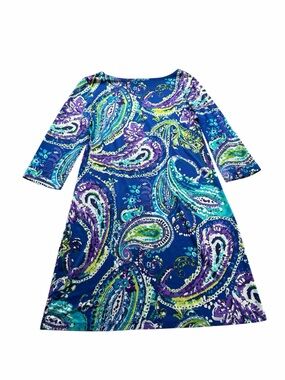 Sweet Women's Size 10 A-Line Shift Dress Blue Purple Paisley 3/4 Sleeve Knit